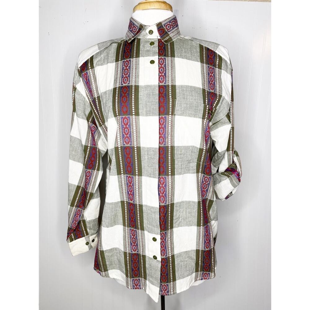 Vintage 90s Button Down Shirt Large Green Ivory Check Embroidered Women's Medium